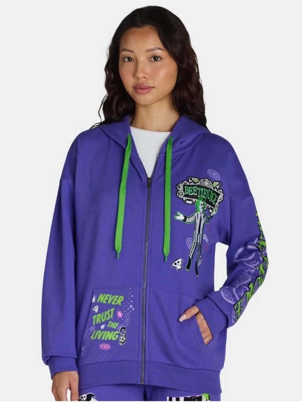 Purple Beetlejuice Graphic Zip Hoodie with Green Drawstrings - Size: Medium